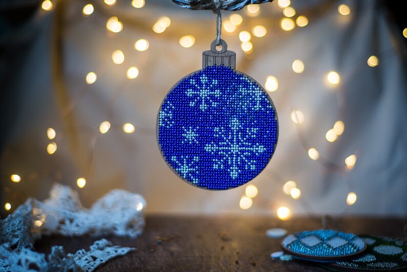 needlework craft kit bead embroidery blue bauble wood set blank cutout