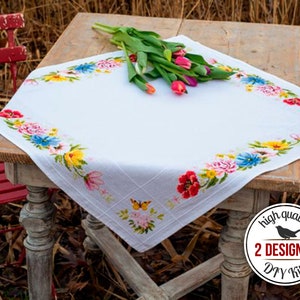 Cross stitch table cloth kit, DIY floral table decor, Vervaco «Colourful flowers» set, Easter decoration