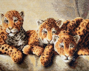 Leopard and Cubs Cross Stitch Kit: Wild Beauty for Your Home. Premium Quality Embroidery Set