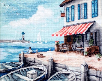 Coastal Village Cross Stitch Kit. Seaside Harbor Embroidery Design