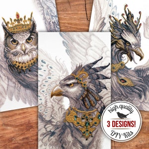 May include: Three cross-stitch patterns featuring mythical creatures with intricate details. The designs include a crowned owl, a griffin, and a phoenix. Each pattern is labeled with the text "high quality 3 DESIGNS! DIY Kits".