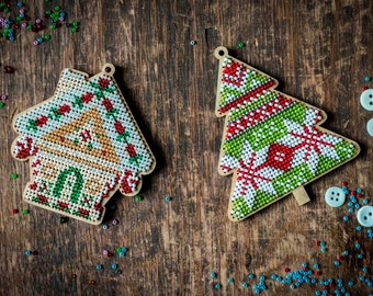 DIY Christmas ornament set, handmade festive decor craft kit, bead embroidery pattern, gingerbread house Xmas tree decoration, New Year gift