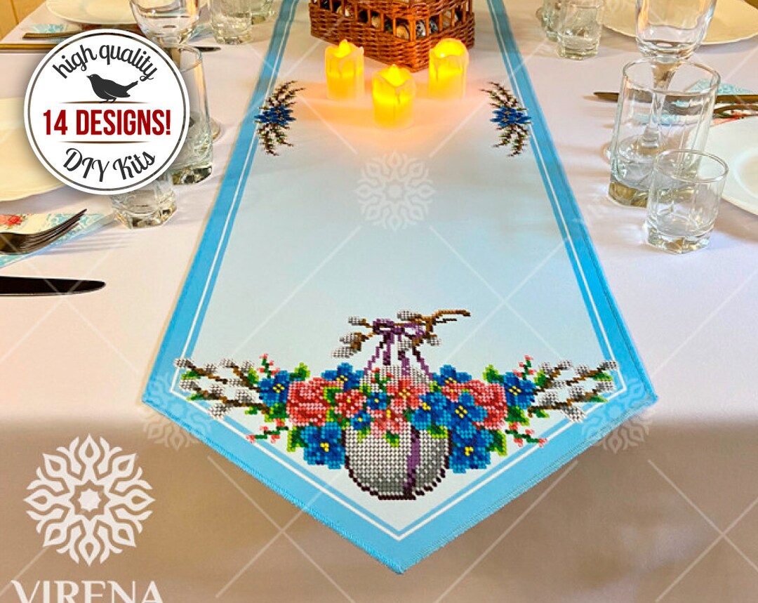 Easter Table Runner Embroidery Kit, Table Cloth With Easter Egg and