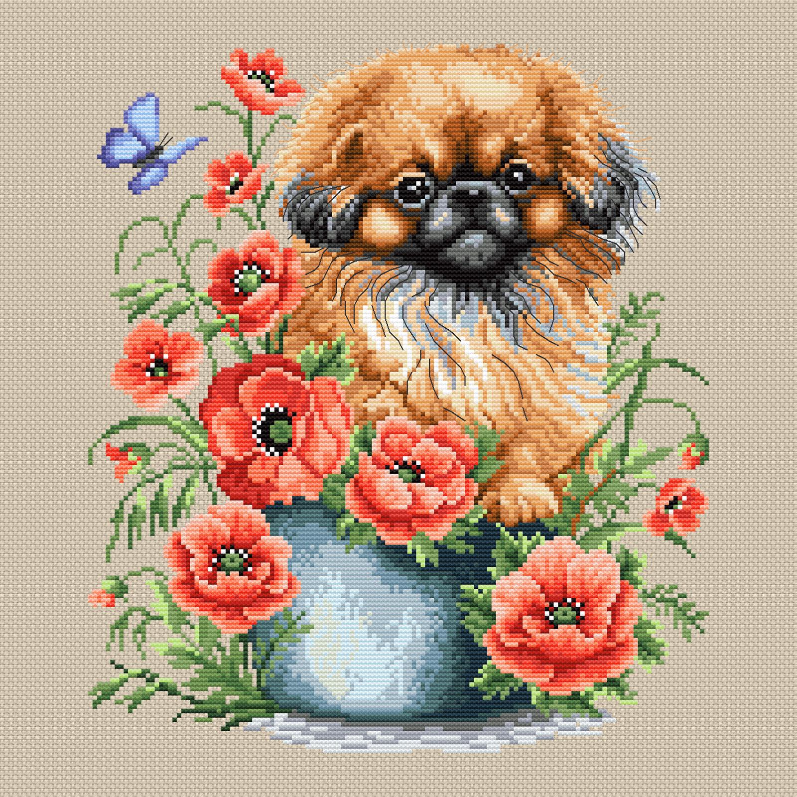 ペキニーズ犬のクロスステッチ図案PDF、花柄刺繍図案、犬好きの女性へ