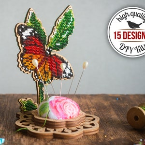 Beadwork butterfly DIY kit, beaded needle holder, pin cushion for sewing, needlework storage tool, embroidery supplies