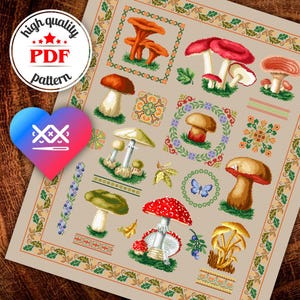 Mushrooms Embroidery Pattern, Sampler Cross Stitch Design, Mushrooms Embroidery Chart, Fall Decor, Mushrooms Poster Wall Art, Gift for Mom