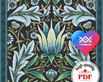 PDF Victorian Stickmuster, William Morris Kreuzstichvorlage, Lotus Stickmuster, Vintage Wohndekor, Kissenbezug PDF Pattern
