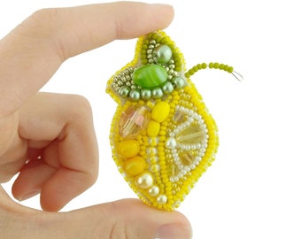 Kit DIY broche citron, fruit à broder en perles, broche fruit vert & jaune, accessoire artisanal, kit de fabrication de bijoux pour adulte