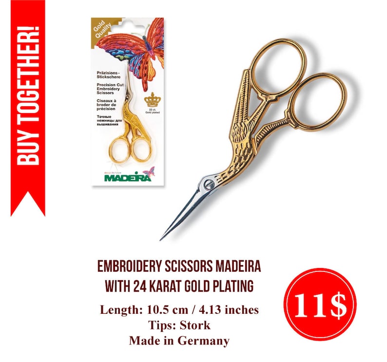 May include: Gold-plated embroidery scissors with stork-shaped tips. The scissors are 10.5 cm / 4.13 inches long and made in Germany. The product is labeled "Embroidery Scissors Madeira with 24 Karat Gold Plating".