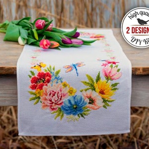 DIY floral table runner, farmhouse kitchen decor, Vervaco «Colourful flowers» set, counted cross stitch kit, Easter decoration