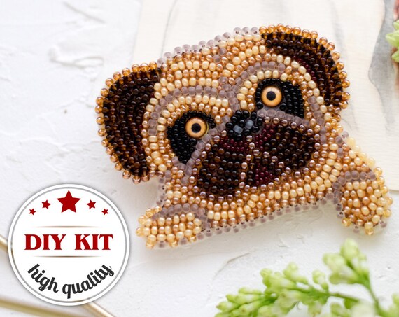 パグ犬の刺繍ブローチ DIY クラフト キット、ビーズ ブローチ作り用手