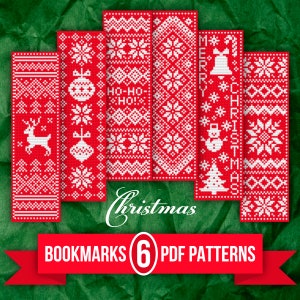 Puede incluir: Seis patrones de marcapáginas navideños rojos y blancos con estilo escandinavo. Los patrones incluyen un reno, adornos, copos de nieve, un muñeco de nieve, un árbol de Navidad y las palabras "¡Ho-Ho-Ho!" y "Feliz Navidad".