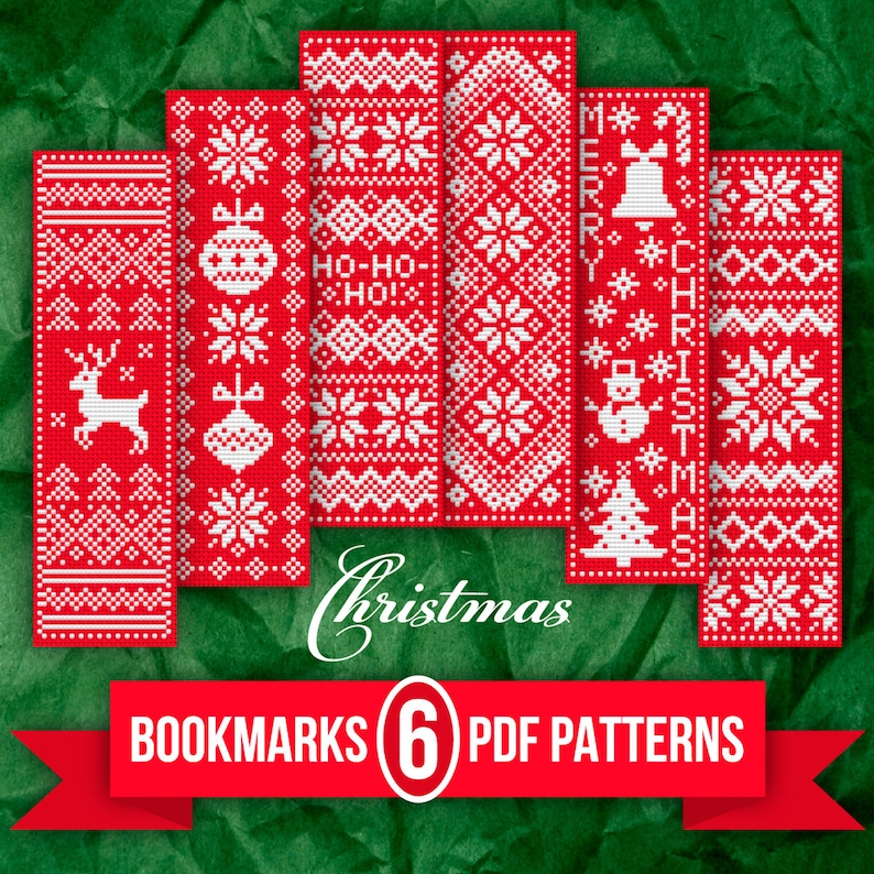 May include: Six red and white Christmas bookmark patterns with a Scandinavian style. The patterns include a reindeer, ornaments, snowflakes, a snowman, a Christmas tree, and the words "Ho-Ho-Ho!" and "Merry Christmas".