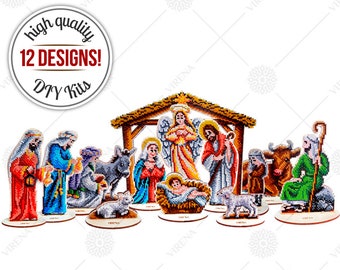 Christmas nativity scene Bead embroidery on wood kit, Christmas crib and religious figurines DIY kit, Needlework kit