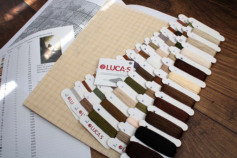 May include: A cross-stitch kit featuring a beige Aida cloth, a colour chart, and a selection of DMC embroidery floss in various shades of brown, beige, and green. The floss is neatly arranged on labelled cards with the text "LUCAS" printed on them.