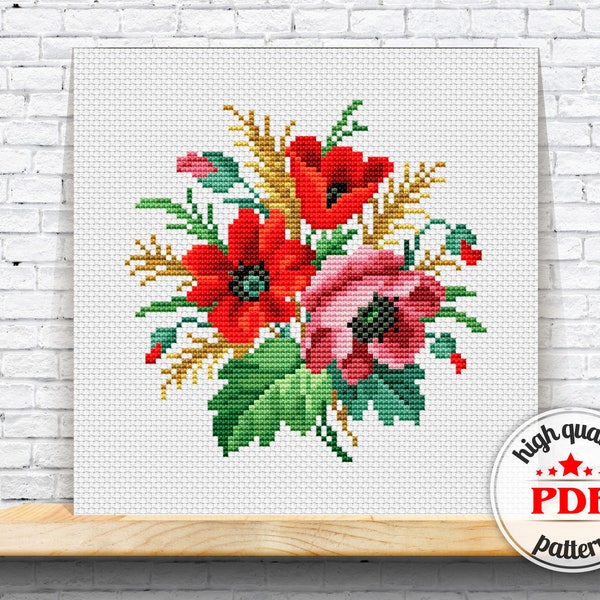 Bouquet stitching pattern, embroidered flowers PDF counted cross stitch pattern, floral still-life digital modern embroidery design