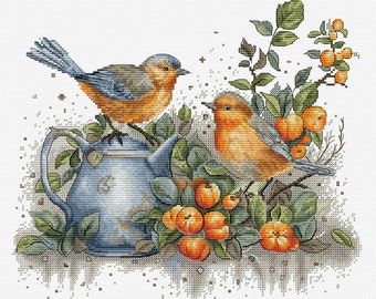 Songbirds Cross Stitch Kit, Rustic Summer Embroidery Set, Modern Wall Art, Colorful Birds Home Decor, DIY Nature Needleworks Kit