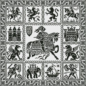 May include: A monochrome cross-stitch design depicting medieval imagery. The pattern includes knights, castles, lions, griffins, and a sailing ship, all enclosed within a detailed border. The design evokes a historical and decorative theme.
