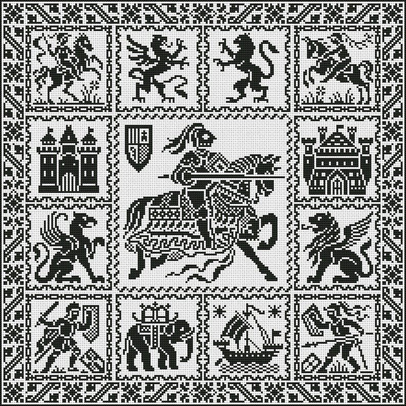 May include: A monochrome cross-stitch design depicting medieval imagery. The pattern includes knights, castles, lions, griffins, and a sailing ship, all enclosed within a detailed border. The design evokes a historical and decorative theme.