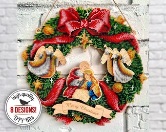 Beaded front door wreath making kit, DIY Xmas ornaments set, traditional winter holiday decor