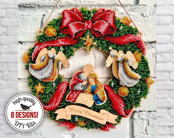 Beaded front door wreath making kit, DIY Xmas ornaments set, traditional winter holiday decor