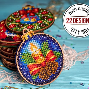 Modern cross stitch kits for making Christmas ornaments, DIY ornament making kit, Embroidered handmade ornaments, Needlework kit, 22 designs