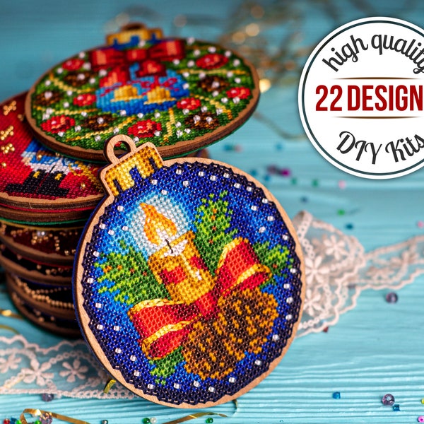 Modern cross stitch kits for making Christmas ornaments, DIY ornament making kit, Embroidered handmade ornaments, Needlework kit, 22 designs