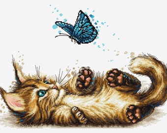 Kitten and Butterfly Cross Stitch Kit. Premium Quality Embroidery Set. Embroidered Wall Art. Needleworks Home Decor