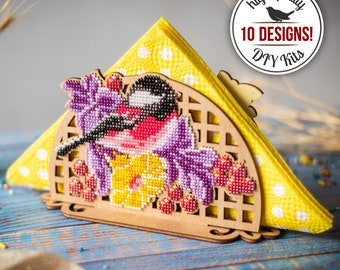 DIY Wooden Napkin Holder Bead Embroidery Kit, Bead Stitching Set, Bird Table Decor, Mother's Day Gift, Floral Home Decor, Beaded Bird Art