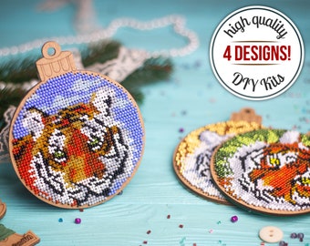 Tiger Christmas ornament, Bead embroidery kit, DIY craft kit for embroidered ornament making, Tiger embroidery pattern