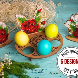 Bead embroidery kit for making Easter decoration, DIY Easter egg stand, chicken and Easter bunny beaded figurine, Needlework kit
