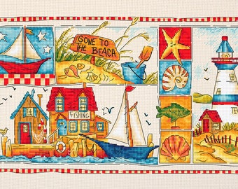 Summer Vacation Cross Stitch Kit — Beach, Lighthouse, and Ship