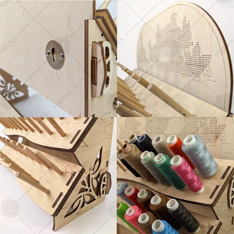 May include: Wooden thread organizer with a decorative design. The organizer has a slot for storing spools of thread and a separate compartment for storing needles. The organizer is made of light wood and has a natural finish.