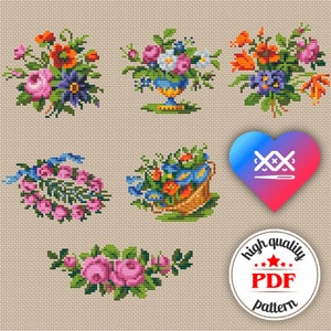 PDF Patrón Punto de Cruz Floral Vintage, Gráfico de Bordado Floral, Patrón Pdf Ramo de Flores, Bordado en Ropa, Diseño Floral PDF