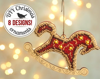 Xmas tree ornament DIY kit, rocking horse hanging decoration, winter home decor, horse pattern for bead embroidery, beadwork Christmas gift