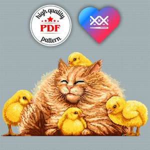 PDF Easter Animals Cross Stitch Pattern, Red Cat Embroidery Chart, Chickens Embroidery Design, Easter Home Decor, Easter Gift for Mother