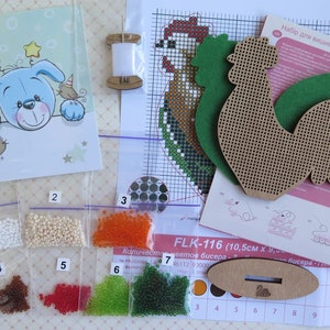 DIY eco-friendly embroidery on wood, laser cut blank rooster, kids craft pattern kit, bead stitch bird decor image 3