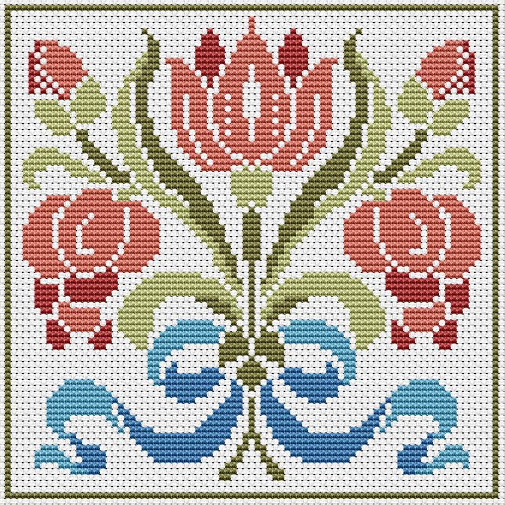 Vintage Flowers Cross Stitch Pattern PDF, Tulip Embroidery Design
