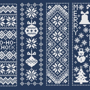 May include: A set of six blue and white Christmas-themed knit patterns. The patterns include a reindeer, snowflakes, ornaments, a snowman, a Christmas tree, and the words "HO-HO-HO!" and "MERRY CHRISTMAS".