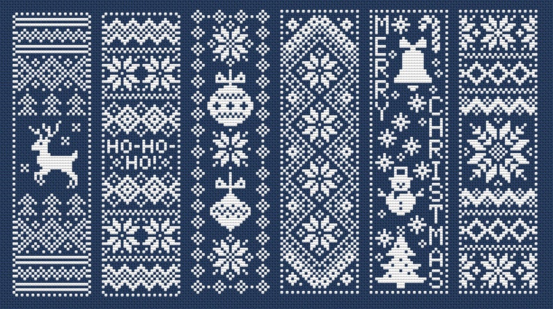 May include: A set of six blue and white Christmas-themed knit patterns. The patterns include a reindeer, snowflakes, ornaments, a snowman, a Christmas tree, and the words "HO-HO-HO!" and "MERRY CHRISTMAS".