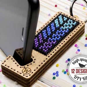 DIY beading kit of wood phone stand keychain, keyring embroidery pattern, seed bead needlepoint art, office desk organizer, new home gift