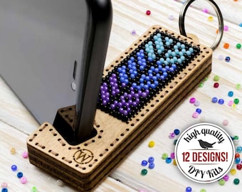 DIY beading kit of wood phone stand keychain, keyring embroidery pattern, seed bead needlepoint art, office desk organizer, new home gift