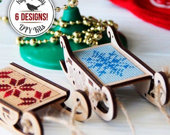DIY Christmas Ornaments Cross Stitch Kits, Christmas Sleigh Mantel Decor, Xmas Tree Ornaments, Winter Home Decor, Christmas Gift for Crafter