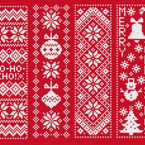 May include: A red background with white knitted patterns featuring Christmas themes. The patterns include a reindeer, snowflakes, ornaments, a snowman, a Christmas tree, and the words "HO-HO-HO!" and "MERRY CHRISTMAS".
