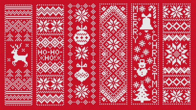 May include: A red background with white knitted patterns featuring Christmas themes. The patterns include a reindeer, snowflakes, ornaments, a snowman, a Christmas tree, and the words "HO-HO-HO!" and "MERRY CHRISTMAS".