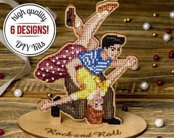 Dancing couple embroidered figurine DIY kit, Cross stitch kit, Hand embroidery on wood kit, Dance gifts