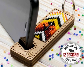 Wooden keychain stand diy beadwork kit, embroidery pattern, adult craft kit, iPhone & Samsung keyring, do it yourself desk accessories