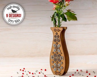 DIY adult craft kit for making a mini flower vase with beading pattern, Bead embroidery on wood set, Wooden bud vase