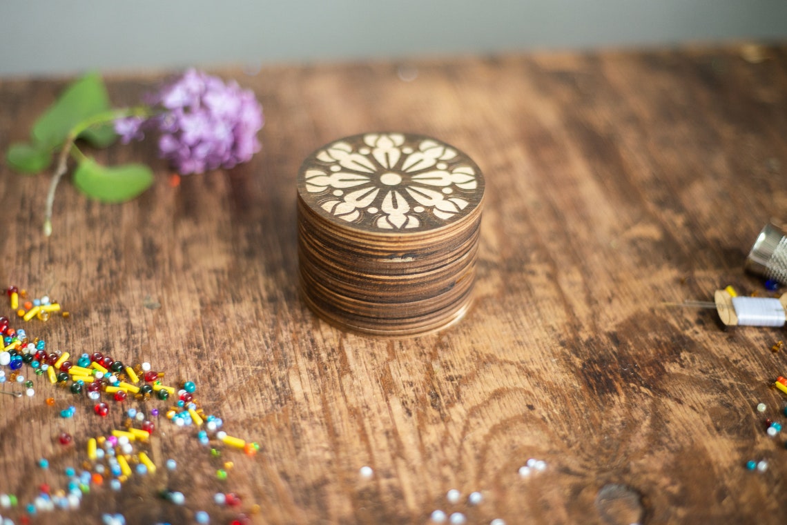 Small Sewing Box Wood Needlework Organizer With Mandala Lid Etsy