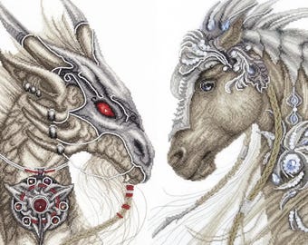 DIY Fantasy Animals Cross Stitch Kit, Dragon, Horse and Wolf Embroidery Design
